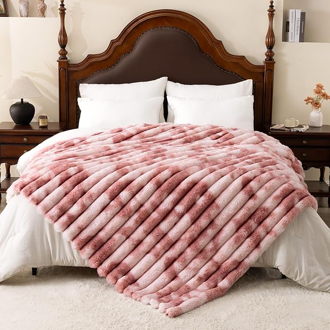 Throw Blanket for Couch - 60" x 80" Faux Rabbit Fur Throw Blanket Cozy Soft Warm Blankets for Bed Sofa Bedroom Living Room Fluffy Striped Blankets for Fall Winter, Home Decor, Pink