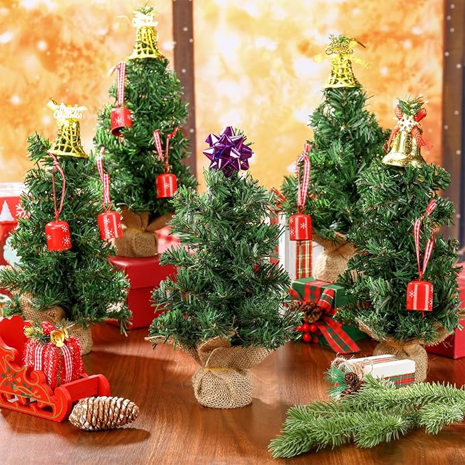 Yinder Tabletop 6 Pcs Mini Christmas Tree 11.81 Inch Artificial Mini Xmas Miniature Pine Christmas Tree with Linen Base for Xmas Holiday Decorations Indoor Home Kitchen Dining Table