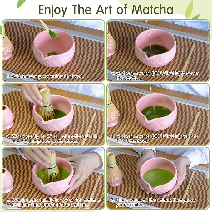 Matcha Whisk Set Matcha Kit: Ceramic Matcha Bowl, Matcha Whisk Holder, Bamboo Whisk(Chasen), Bamboo Scoop, 4Pcs Matcha Tea Set for Matcha Lover, Family Christmas Birthday Gift (Pink)