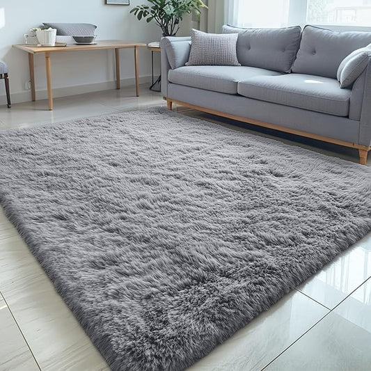 OLANLY 5x8 Machine Washable Large Area Rugs for Living Room, Bedroom, Soft Fluffy Shaggy Bedside Rug, Indoor Floor Carpet for Kids Girls and Boys, Dorms, Nursery, Home Decor Aesthetic, Light Grey