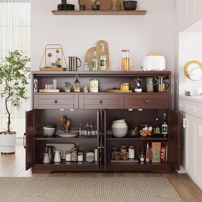 51" Dark Brown Buffet Sideboard Cabinet, Farmhouse Storage Cabinet Kitchen Pantry with Shelf and Drawers, Wood Cupboard Hutch Cabinet, Coffee Bar Station Table for Kitchen, Living Room, Dining Room