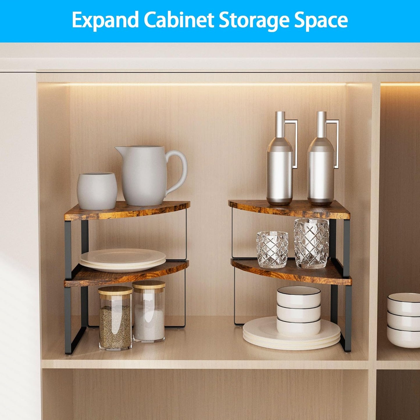 Corner Shelf Countertop Organizer - Set of 2 Corner Shelves for Kitchen Cabinet Organizer, Spice Rack, Stackable Bathroom Organizers and Storage, Sink Rack, Corner Cabinet, Counter Decor, Rustic Brown