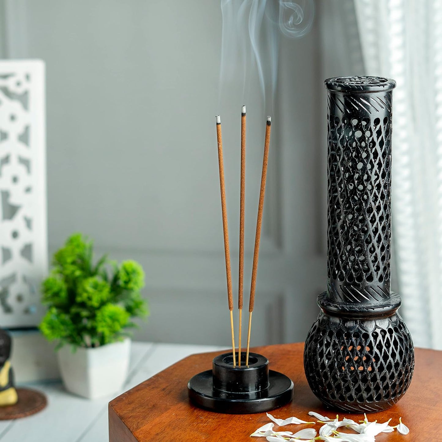 Crocon Handmade Black Marble Soapstone Incense Stick Burner Round Shape Jali and Handi Design Tower Burner | Candle Stick Holder | Decorative Home & Kitchen Best Gift Size - (2.7X2.7X9.4 Inch)