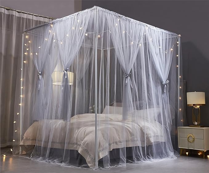 VETHIN 4 Corners Post Princess Bed Canopy Curtain Double Layer Cozy Drape Netting 4 Opening Mosquito Net for Girls & Adults Bedroom Decoration Accessories (Double Gray, 64" W*82" L*82"*H/(Queen))