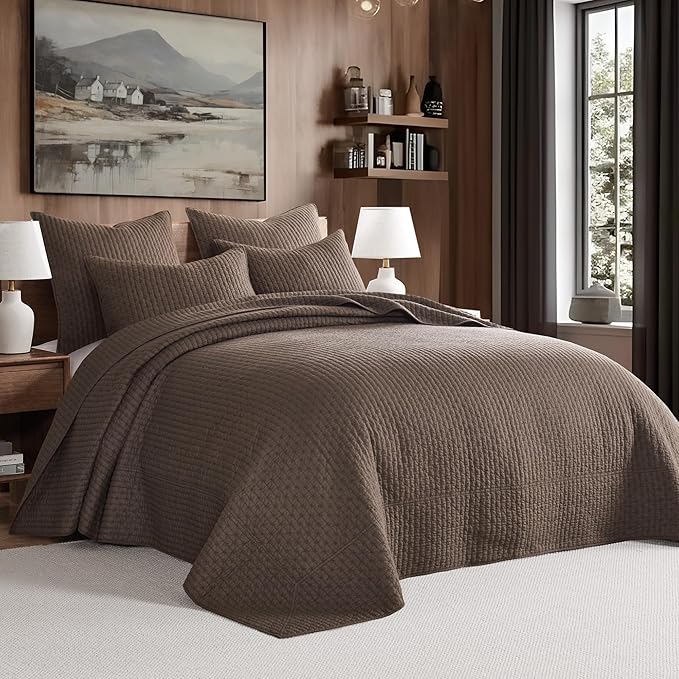 Levtex Home Cross Stitch Reversible Twin Bedspread Set (84x104in) with 1 Pillow Sham (26x20in) - Stitch Texture - Cocoa - Cotton Twin Size Bedspread Set - Lightweight, Soft, Pre-Washed
