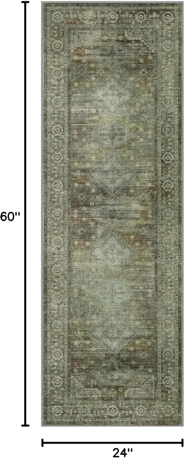 Runner Rug for Hallway Kitchen, 2x5 Machine Washable Runners Rug for Entryway, Soft Modern Boho Throw Rugs, Low Pile Floor Cover with Non Slip Backing, Distressed Light Greyish Sage Green
