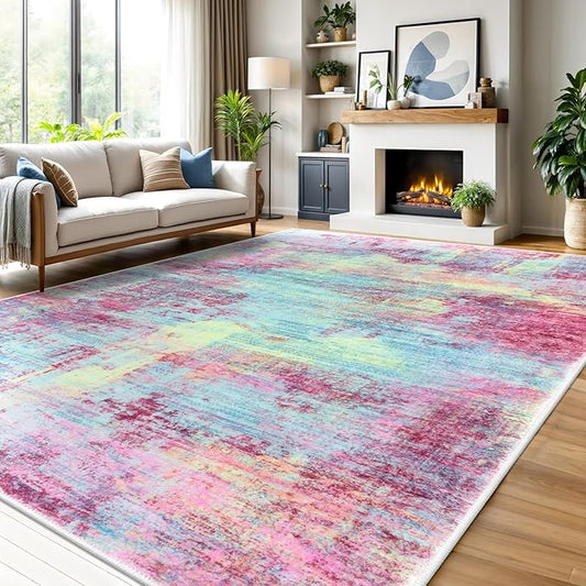 IOHOUZE Abstract Area Rugs 9x12 Ft Washable Large Rugs for Living Room, Non Slip Dining Room Rug, Printed Faux Wool Rugs for Bedroom, Floor Carpet for Office Nursery Playroom, Pink Teal