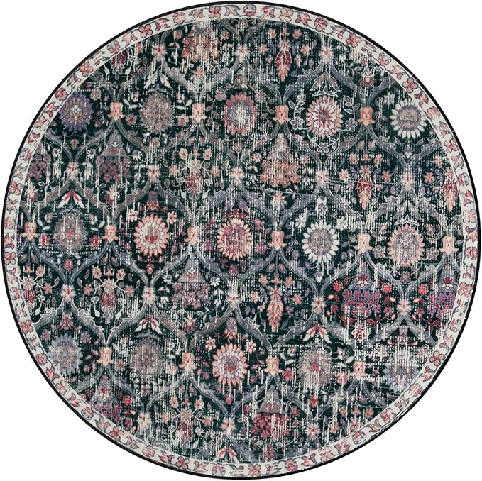 Lahome Moroccan Trellis Washable Round Rugs, Non-Slip Soft Round Rug 4ft Ultra-Thin, Small Vintage Circle Carpet for Entryway Kitchen Bedroom Nursery Bathroom, Black/Multi