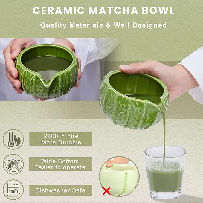 Matcha Whisk Set,Matcha Bowl with Spout,Matcha Whisk （Chasen) and Holder,Matcha Sifter and Bamboo Matcha Spoon,Scoop Matcha Making Kit 6Pcs Light Green