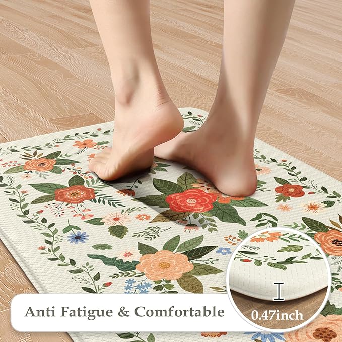 KIMODE Kitchen Mats for Floor Anti Fatigue, White Floral Rugs for Kitchen Floor, Padded Kitchen Floor Mats, Cushioned Kitchen Mats for Floor 2 Piece for Laundry Office Sink Desk 17"x47"+17"x29"