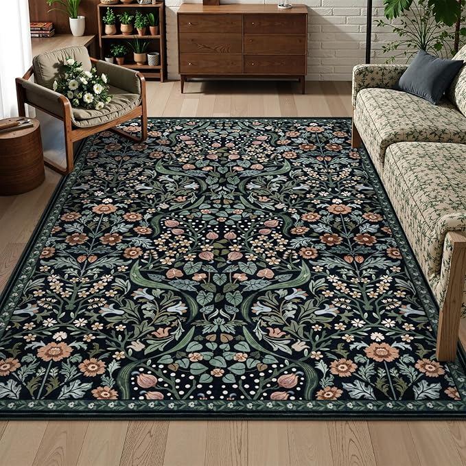 Lahome Floral Bedroom Rugs, 6x9 Black Area Rugs for Living Room, Boho Thin Stain Resistant Carpet for Dining Room, Washable Area Rug Non Slip for Guestroom