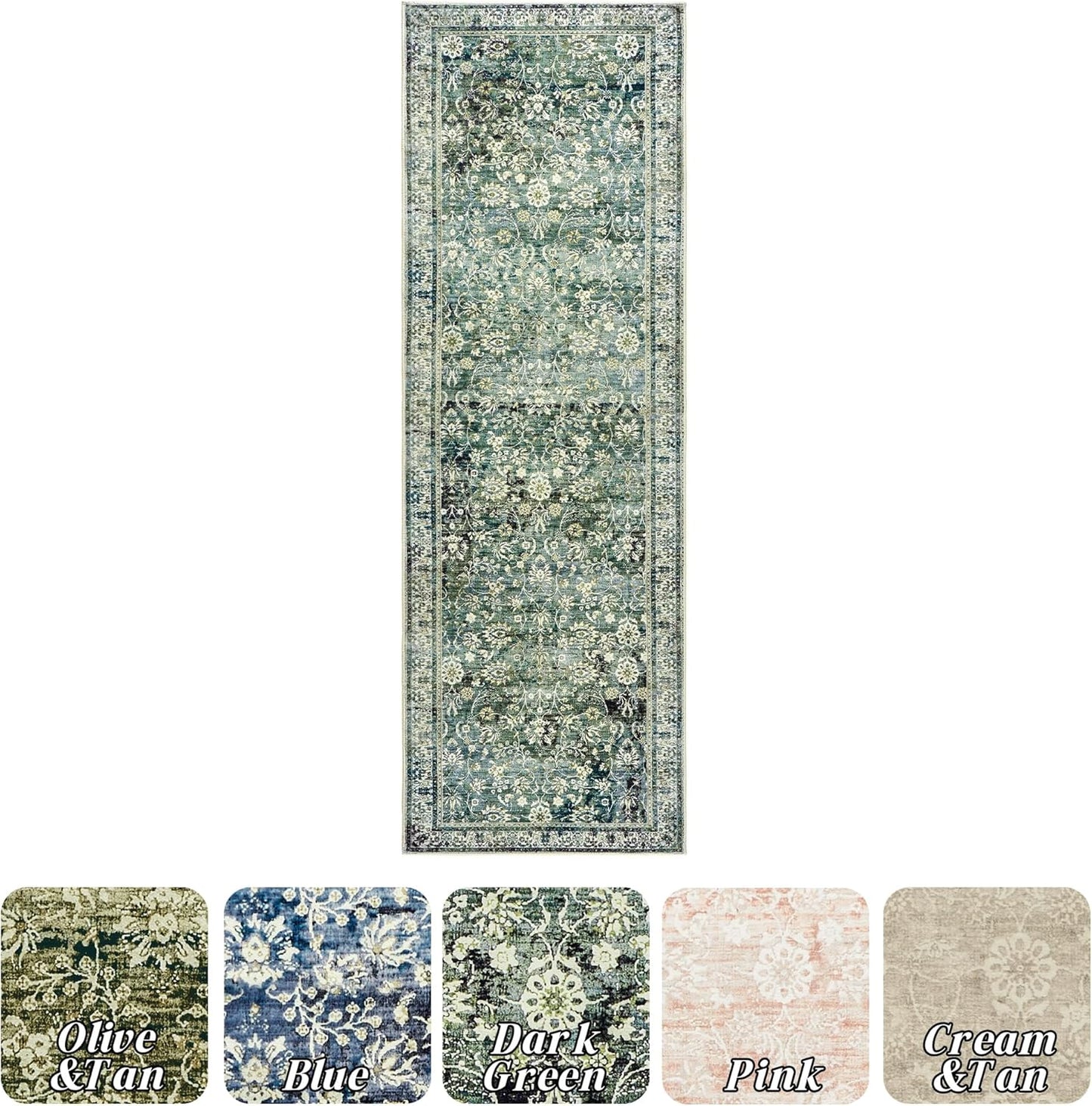 Green Washable Bathroom Hallway Runner Rug with Rubber Backing Non Slip Vintage Boho Floral Long Runners Rugs for Entryway Indoor Laundry Room Bath Floor Kitchen,2x6,24x72 Inch,Dark Emerald