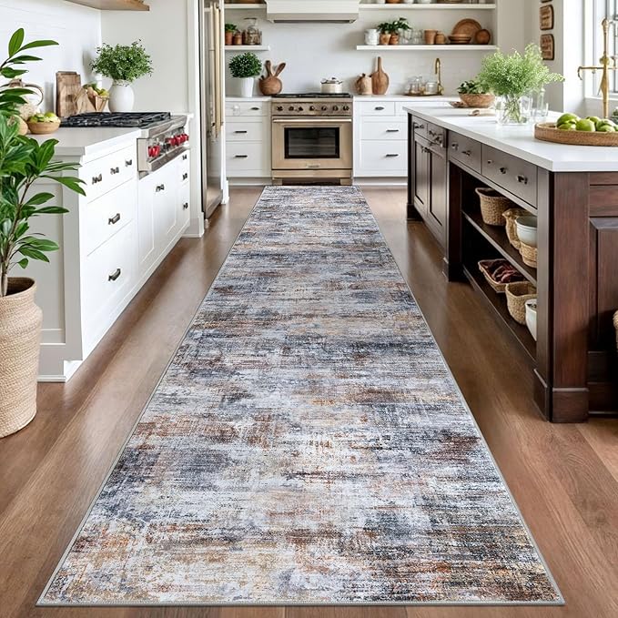 IOHOUZE Abstract Runner Rug 3x16 Ft Washable Runners for Hallways, Non Slip Kitchen Runner Printed Faux Wool Entryway Runner Indoor, Modern Abstract Floor Carpet for Hall Stair, Orange Grey