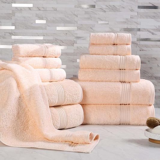 Superior Egyptian Cotton 12-Piece Towel Set, Assorted Towels for Home Bathroom, Guest Bath Decor Essentials, Includes 4 Bath, 4 Hand, 4 Face Towels/Washcloths, Quick Dry, Absorbent - Peach