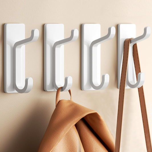 Self Adhesive Wall Hooks for Hanging: Extra Strong 13 LB, Hook for Coat, Towel in Bathrooms, Shower, Kitchen, Wall, Door Hook, White 4 Pack