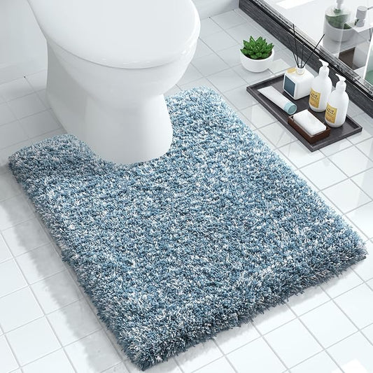 Yimobra Toilet Rugs U Shaped Washable 24x20, Ultra Soft and Water Absorbent Bath Mats, Non Slip Fluffy Shaggy Luxury Microfiber Contour Bath Rugs for Toilet, Dry Quick, Denim Blue and White