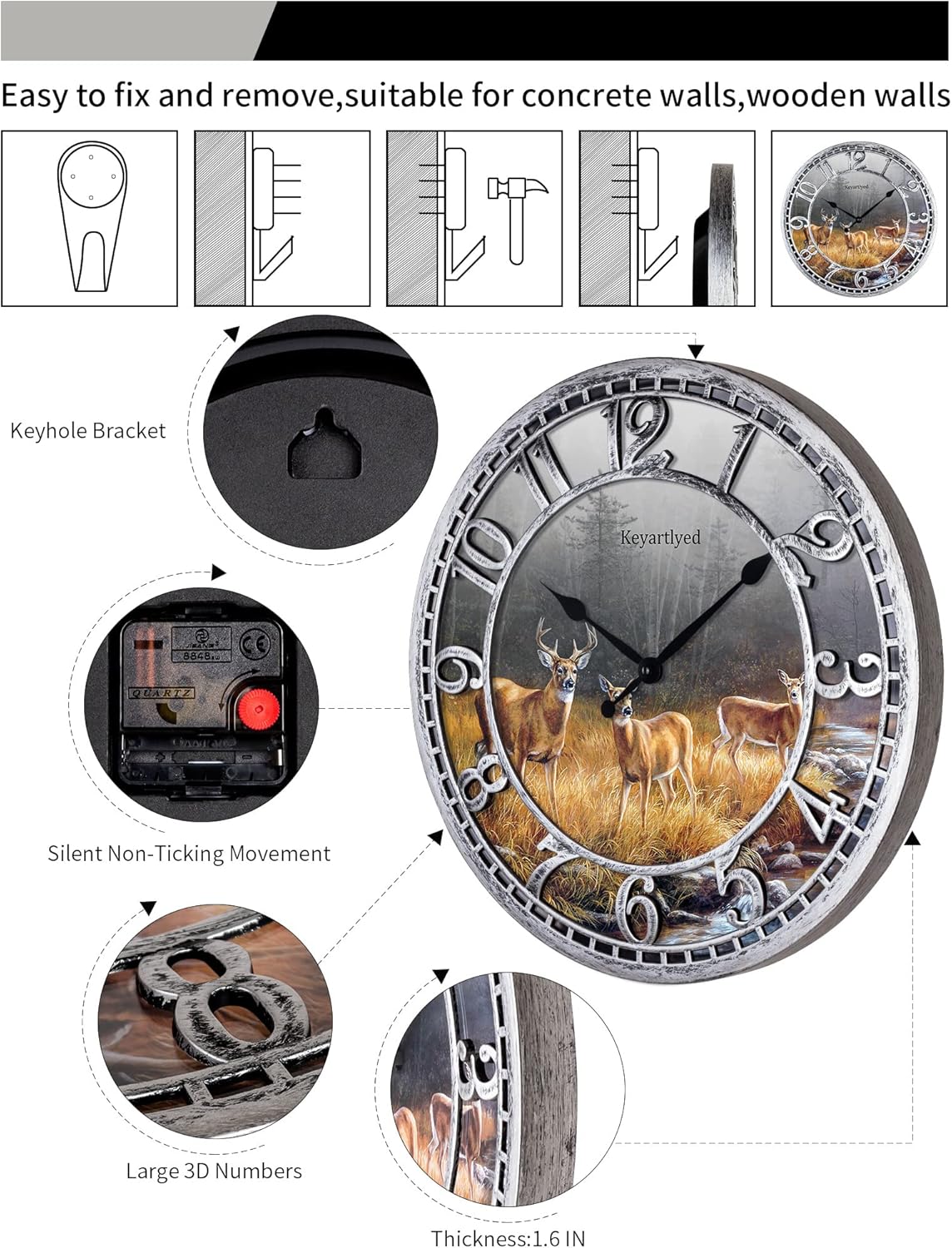 Great Looking Deer Clock Wildlife Wall Clock Silent Non Ticking Battery Operated 12 Inch Quality Plastic Round Wall Clocks for Home Kitchen Living Room Bedroom Office Decor (Antique Silver)