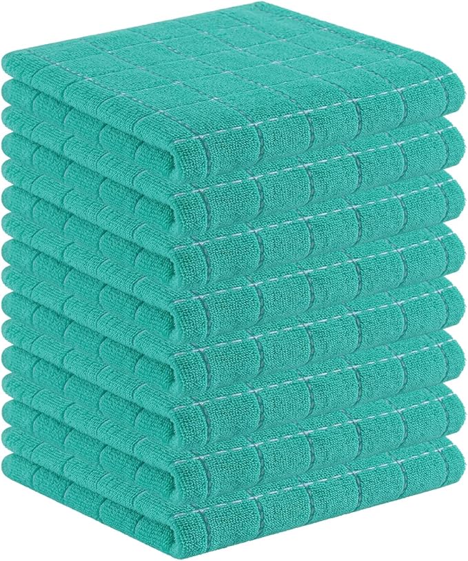 Homaxy 100% Cotton Terry Kitchen Towels(Turquoise, 13 x 28 inches), Checkered Designed, Soft and Super Absorbent Dish Towels, 8 Pack