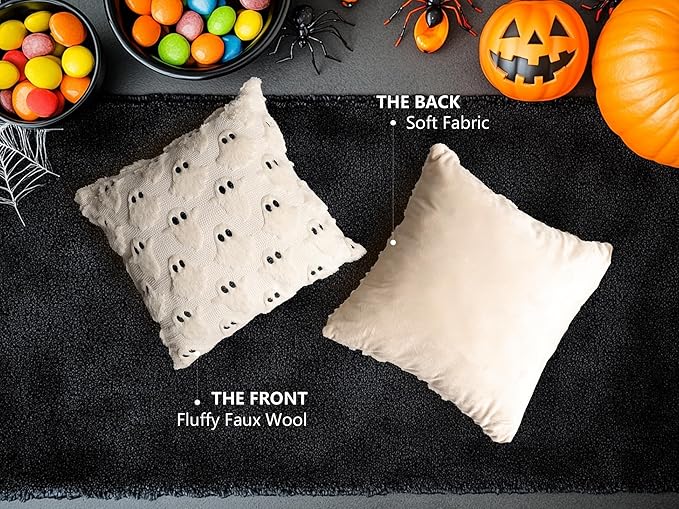 4TH Emotion Halloween Ghost Decorative Pillow Covers 16x16 Set of 2, Beige Soft Plush Faux Fur Farmhouse Throw Cushion Cases for Fall Autumn Holiday Home Decorations