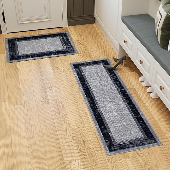 Ottomanson 2-Piece Kitchen Rug Set - Non Slip, Runner & Small Area Rug - Border - 20" x 59" & 2'3" x 3' - Durable, Stain Resistant for Entryway, Bedroom and Bathroom, Gray/Navy