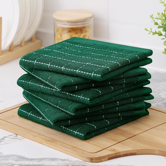 Homaxy 100% Cotton Terry Kitchen Dish Cloths, Ultra Soft and Absorbent Dish Towels for Kitchen, Perfect for Drying and Washing Dishes, 6 Pack, 12 x 12 Inches, Dark Green