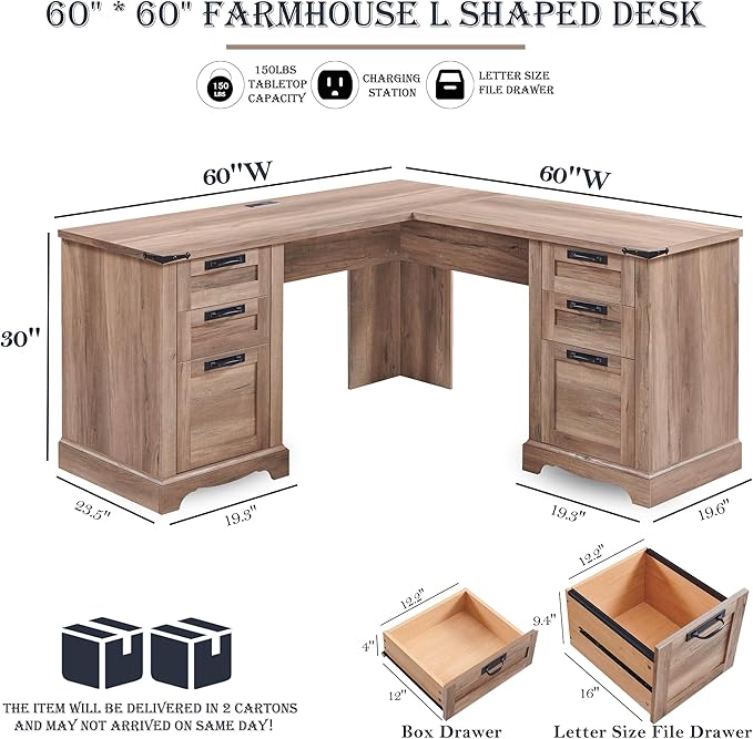 RedLemon 60" Farmhouse L Shaped Executive Desk with Drawers, Wood Home Office Corner Desk with Charging Station, File Drawer, Storage Cabinet, Rustic Computer Writing Desk (Natural Oak)