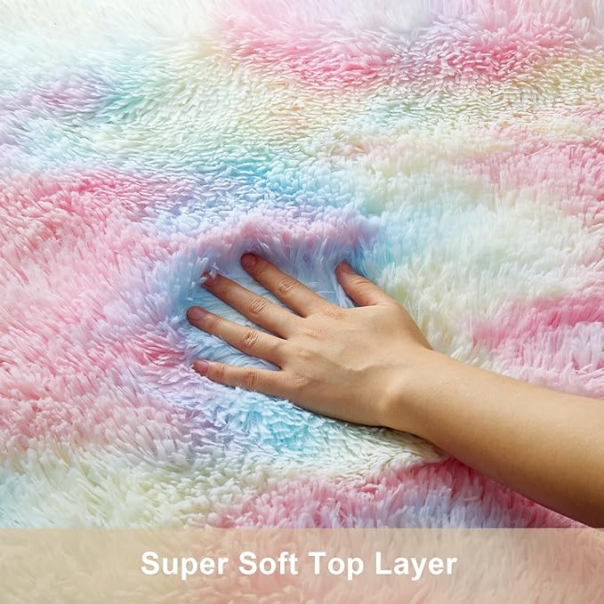 Ophanie Rainbow Rug for Bedroom Girls, Unicorn Colorful Fluffy Soft Cute Fuzzy Area Rugs, Shag Plush Shaggy Bedside Floor 4x6 Furry Carpet for Kids Baby Teen Dorm Nursery Home Decor Aesthetic