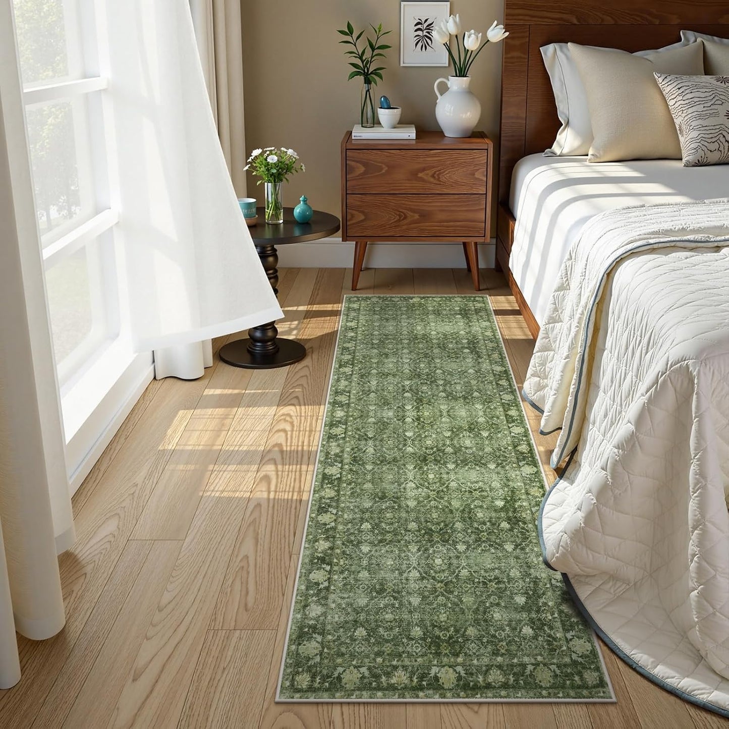 Vintage Green Washable 2x6 Runners for Hallways, Boho Kitchen Runner Rug Non Skid, Soft Low Pile Floor Carpet for Entry Bathroom Bedside High Traffic Area (2'x6', Green)