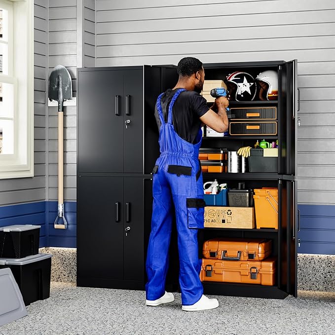 Yizosh Metal Storage Locking Cabinet with 4 Doors and 2 Adjustable Shelves,71" Lockable Garage Tall Steel Cabinet,for Home Office,Living Room,Pantry,Gym,Commercial Storage (Black)