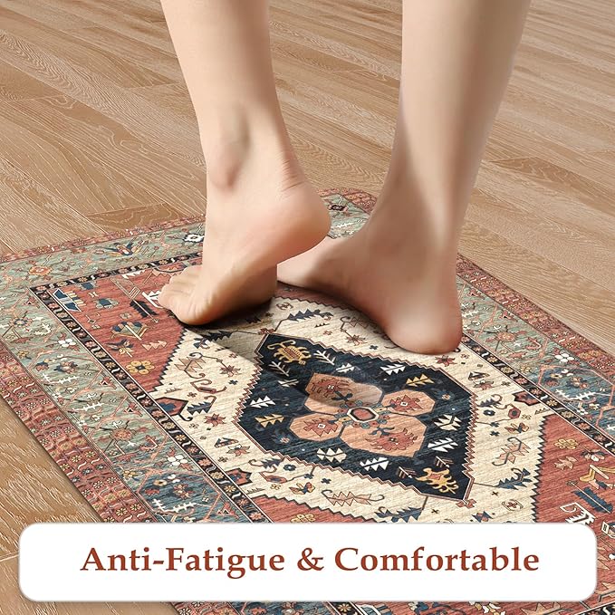 KIMODE Anti Fatigue Kitchen Mats,Boho Vintage Kitchen Rugs Sets of 2,Non Slip Waterproof Kitchen Floor Mats,Ergonomic Cushioned Comfort Standing Mat for Laundry,Office,Sink,Desk, Red