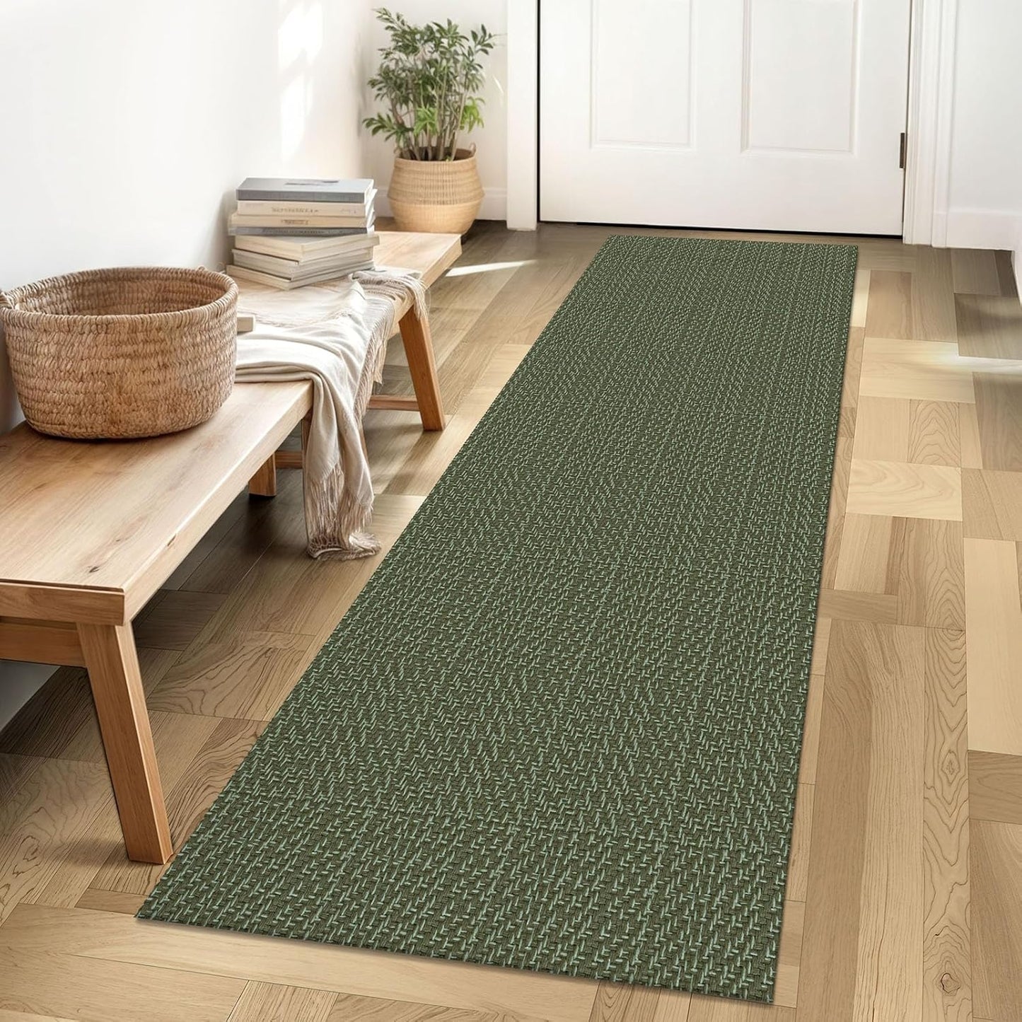 IOHOUZE Washable Runner Rug 2x6 Non Slip Runners for Hallways Entryway Runner Indoor, Kitchen Rugs Woven Cotton Floor Carpet for Kitchen Hall Entrance Bedroom, Olive Green/Dusty Green