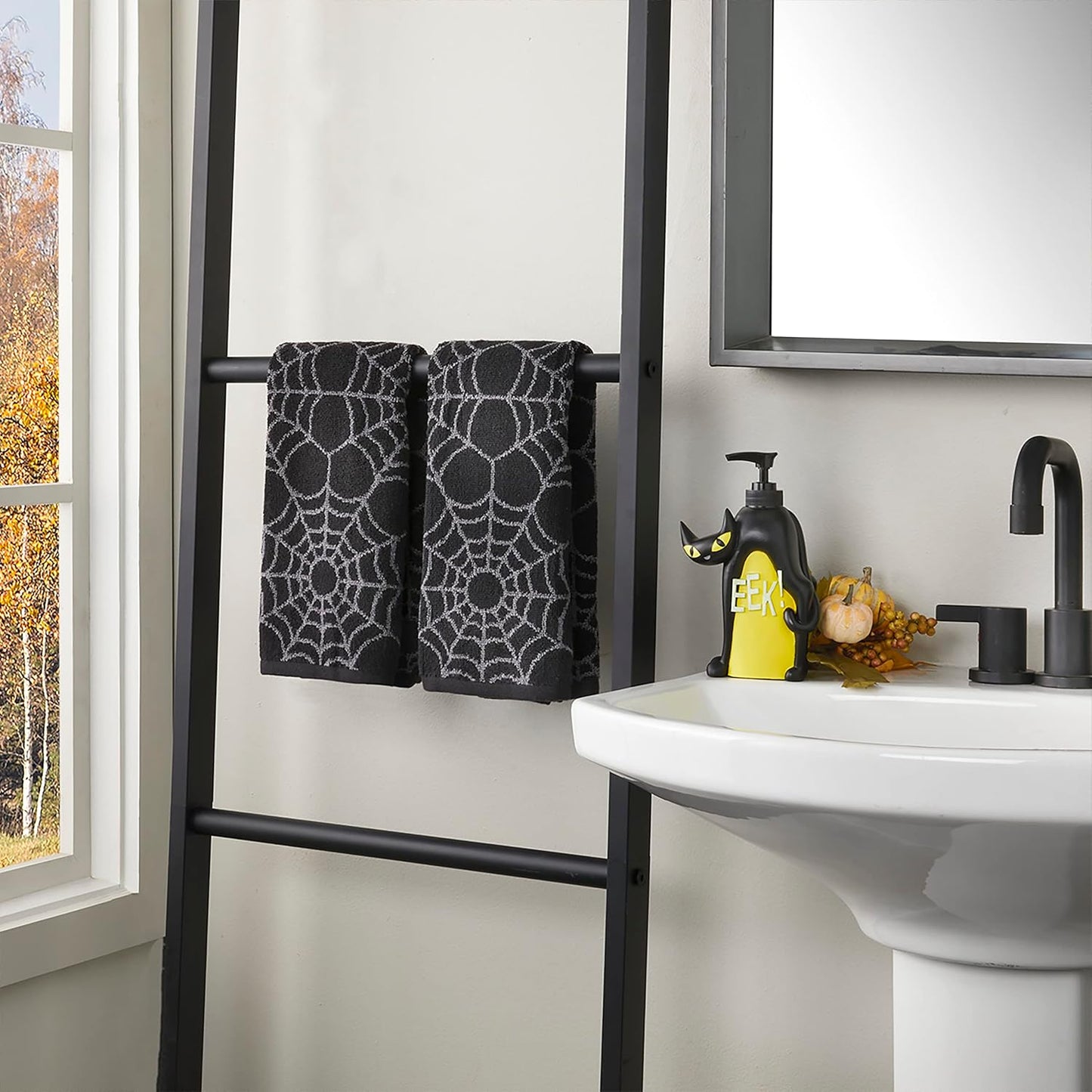 SKL Home Halloween Spider Web 100% Cotton Jacquard 2pc Hand Towel Set, Reversible, Soft & Absorbent, Decorative for Bath/Kitchen/Bar & Gift, Black