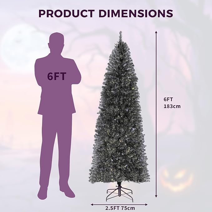 GarveeHome 6Ft Prelit Black Christmas Tree with Lights Halloween Tree Slim Artificial Halloween Christmas Tree Artificial Pencil Tree Automatic Branches for Home, Office, Party Decoration