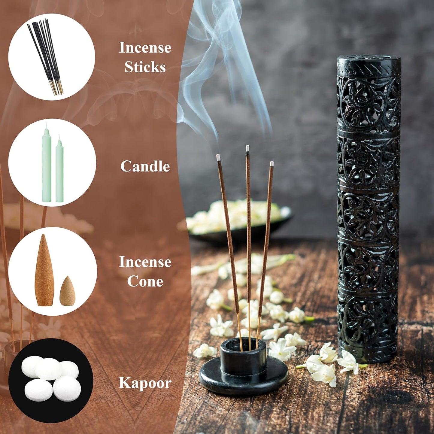 Crocon Handmade Black Marble Soapstone Incense Stick Burner Round Shape Elephant Tower Burner | Incense Cone & Candle Stick Holder | Decorative Home & Kitchen | Living Room Decor | Best Gift Set
