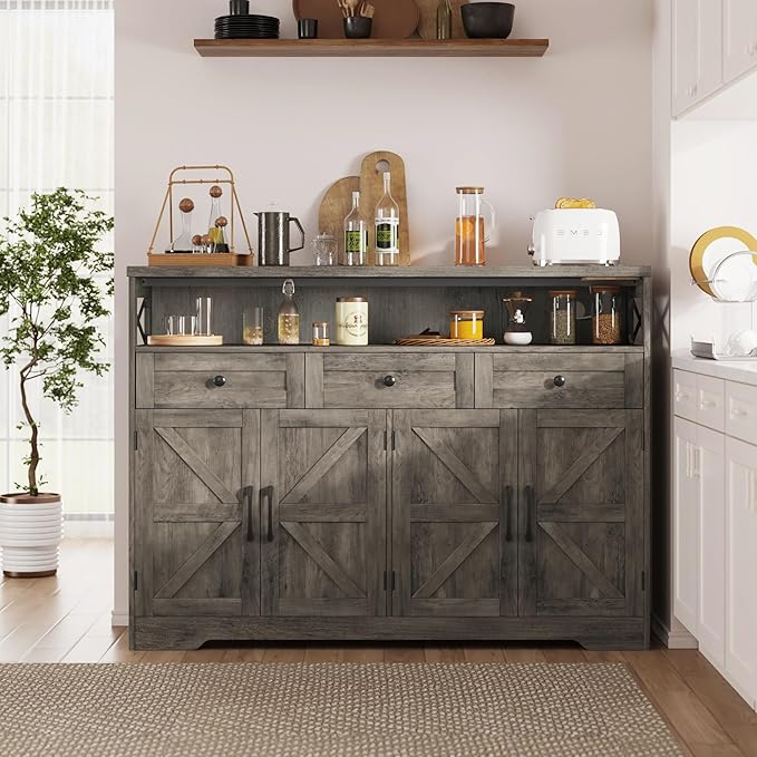 51" Farmhouse Buffet Sideboard with Storage, Kitchen Pantry Cabinet with Storage Drawers, Wood Cupboard Hutch, Coffee Bar Station Table for Kitchen, Living Room, Dining Room, Grey