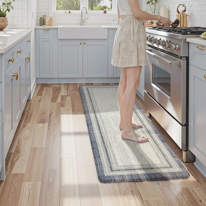 KIMODE Anti Fatigue Kitchen Mats for Floor, Farmhouse Rugs for Kitchen Floor, Cushioned Kitchen Floor Mat Non Slip, Comfort Memory Foam Standing Mat for Laundry Office Sink Desk Blue 24"x59"