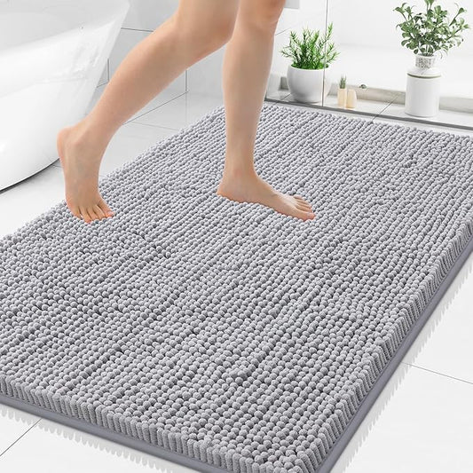 Smiry Luxury Chenille Bathroom Rugs 48x32, Extra Soft and Absorbent Shaggy Bath Mat, Machine Washable, Non-Slip Plush Carpet Runner for Tub, Shower, and Floor, Home Decor Accessories, Light Grey