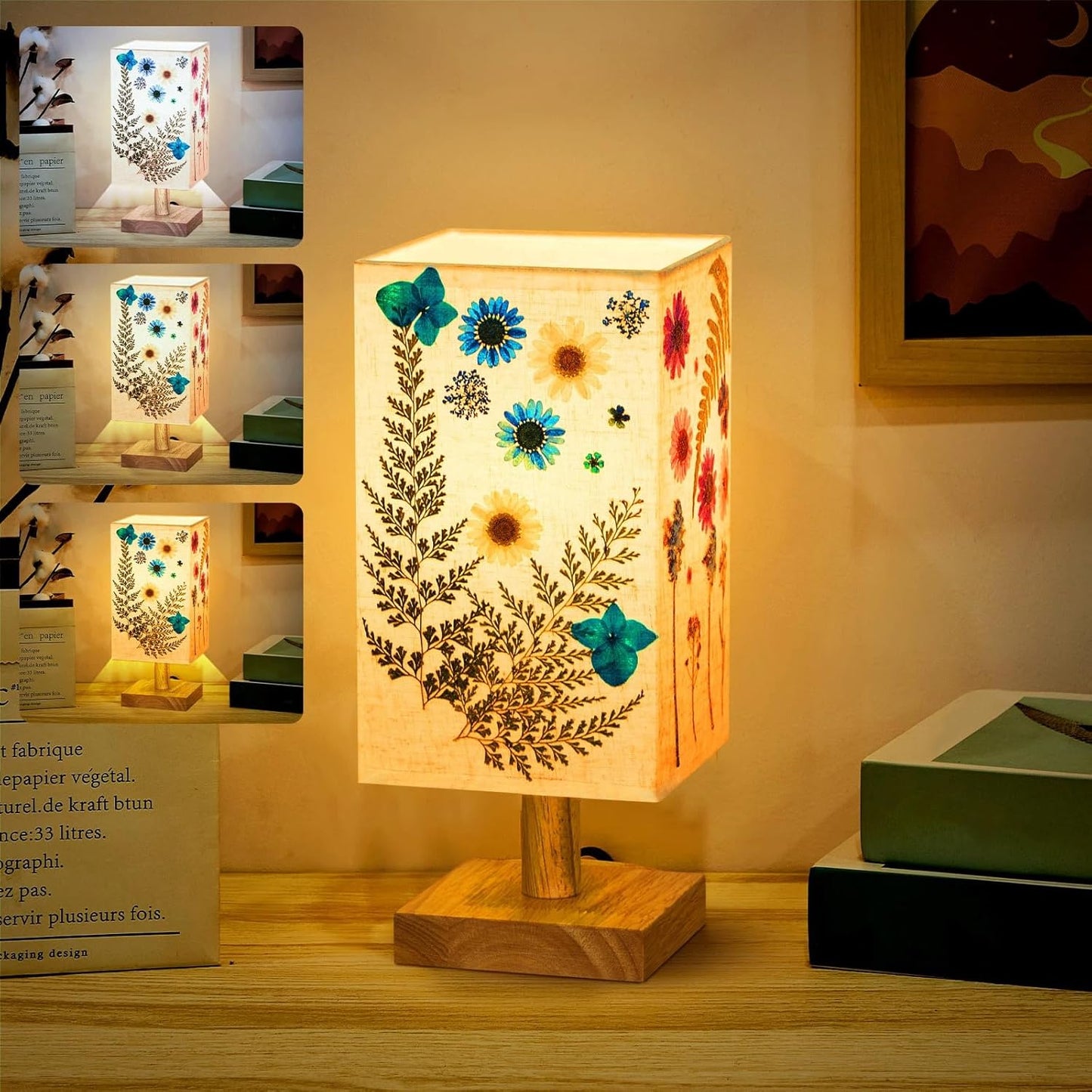 Hortsun Pressed Floral Lamp Bedside Vintage Flower Desk Lamp for Bedroom Living Room, Dorm, Home, Office Decor(1 Pcs,Square Style)