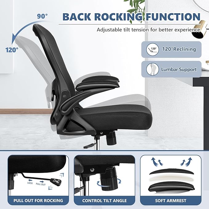 Office Chair Desk Chair, Ergonomic Mesh Computer Chair Home Office Desk Chairs, Swivel Task Chair Mid Back Breathable Rolling Chair with Adjustable Lumbar Support Flip Up Armrest (Black)