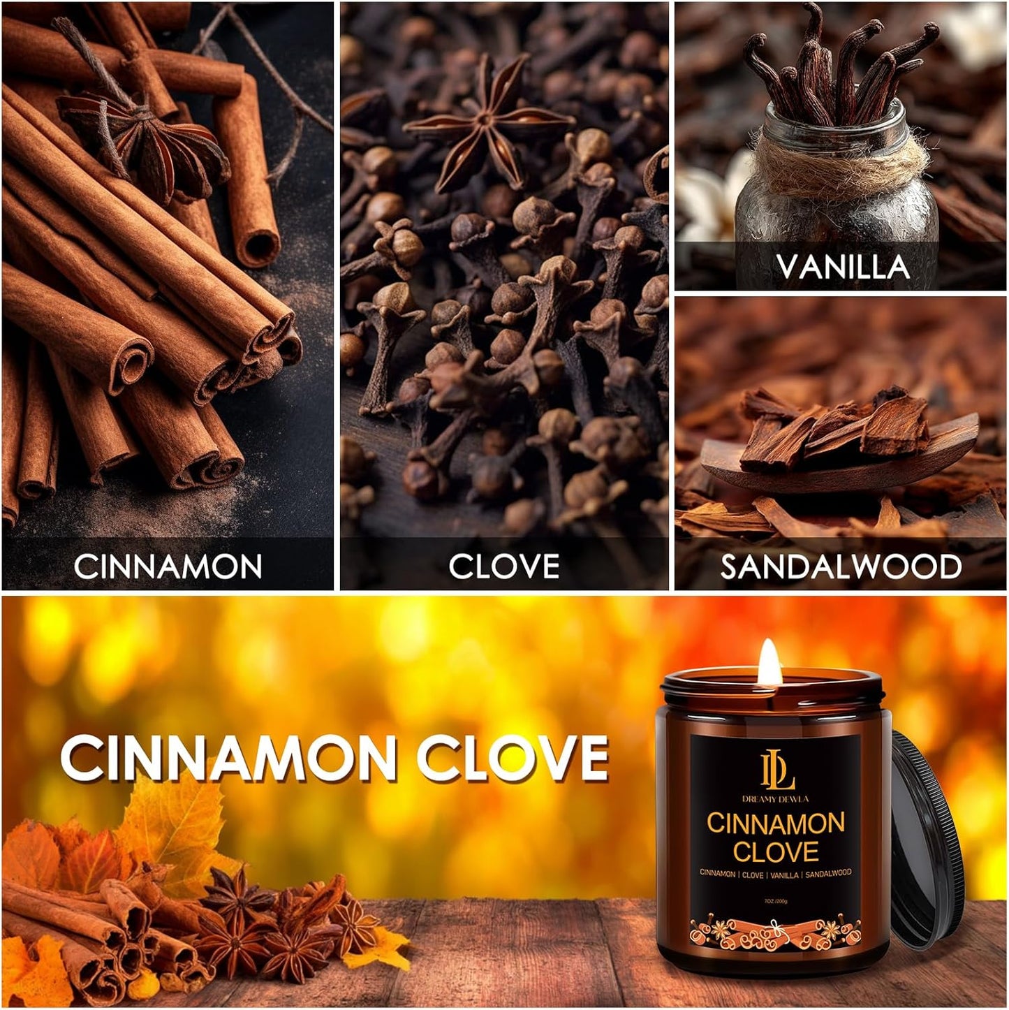 Fall Candle | Cinnamon Clove Scented Candle - Autumn Home Decor, 7oz Autumn Soy Candles with 50hr Burn Time, Holiday Thanksgiving Fall Gifts for Women Men