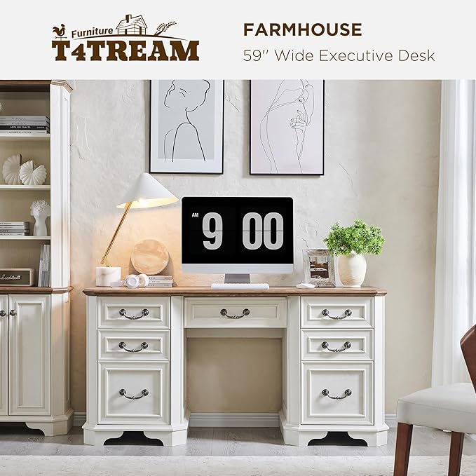 T4TREAM 59" Farmhouse Executive Desk with Drawers,Wood Home Office Computer Desk, Featuring Keyboard Tray,Charging Station,File Drawer, Storage Cabinet,for Work and Study (Antique White)
