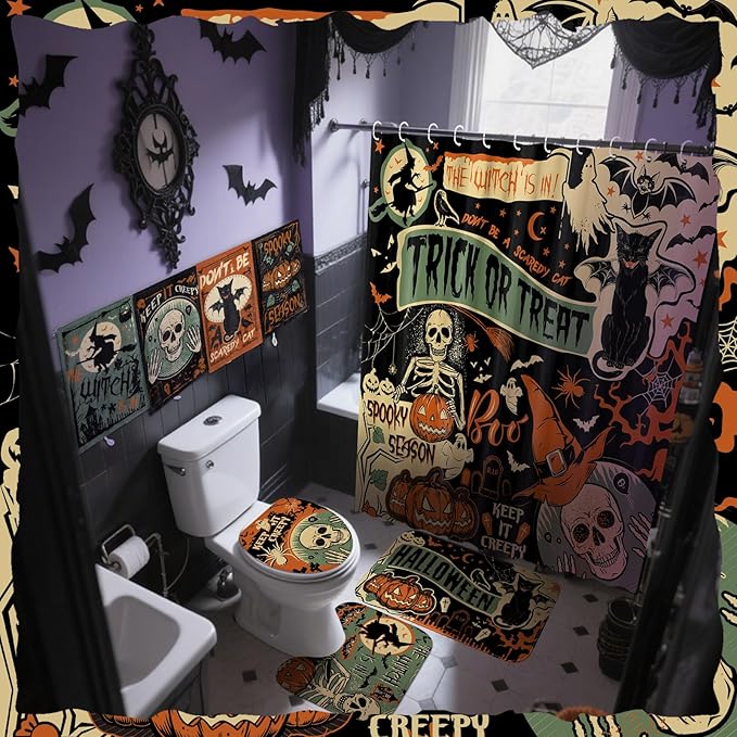 8 Pcs Halloween Shower Curtain Set for Bathroom Include Vintage Ghost Pumpkin Bat Cat Towels Non Slip Skull Rugs Toilet Lid Cover Spider Web Bath Mat and 12 Hooks for Halloween Bathroom Decor