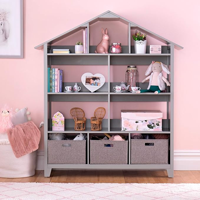 Martha Stewart Kids' Deluxe Dollhouse Bookcase - Gray: Kids Wooden Bookshelf and Tall Book Shelf Organizer with Toy Storage | Toddler Book Rack | Dollhouse Bookshelf | Playroom or Bedroom Storage