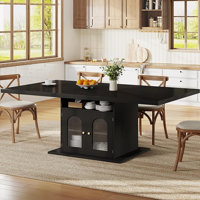 HSH Black Dining Table for 4 to 6, Modern Kitchen Dining Room Table with 3-Tier Storage Shelf and Acrylic Door Cabinet, Rectangular Wooden Dinner Tables for Home Kitchen Living Room, Black Oak，63 in