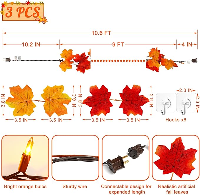 3 PCS Fall Decorations for Home, 27FT Fall Decor, 150 Connectable Orange Bulbs Plug in Fall Garland with Lights, Realistic Maple Leaves Garland with Light for Thanksgiving Halloween Decorations