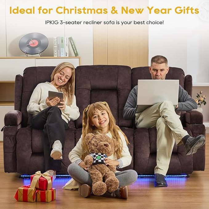 IPKIG 76" Power Reclining Sofa, Electric Home Theater Seating with Flipped Middle Backrest/LED Lighting/USB Ports/Built-in Outlets, Dual Recliner Sofa 3 Seater for Living Room RV (Brown)