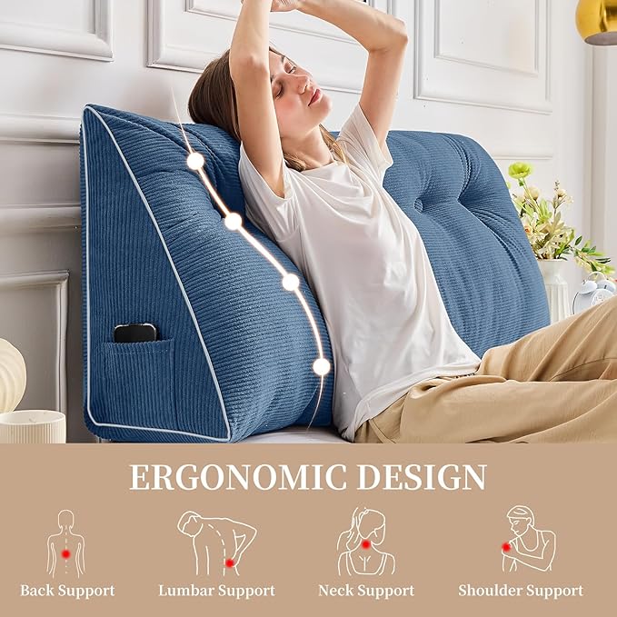 Sasttie Headboard Pillow Queen, Triangular Wedge Pillow Headboard, Wedge Headboard Pillow for Bed Sofa, Daybed Pillows for Sitting up, Reading or Working with Removable Cover, Blue