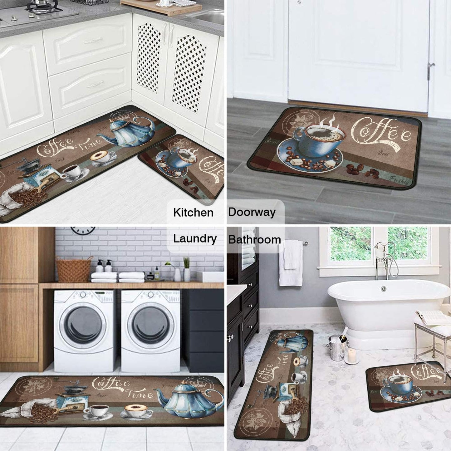 2 Piece Coffee Kitchen Decor Rugs Set, Farmhouse Country Kitchen Rugs and Mats Non Skid Washable Absorbent Microfiber Kitchen Accessories Decoration Floor Mats 17"x47"+17"x30"