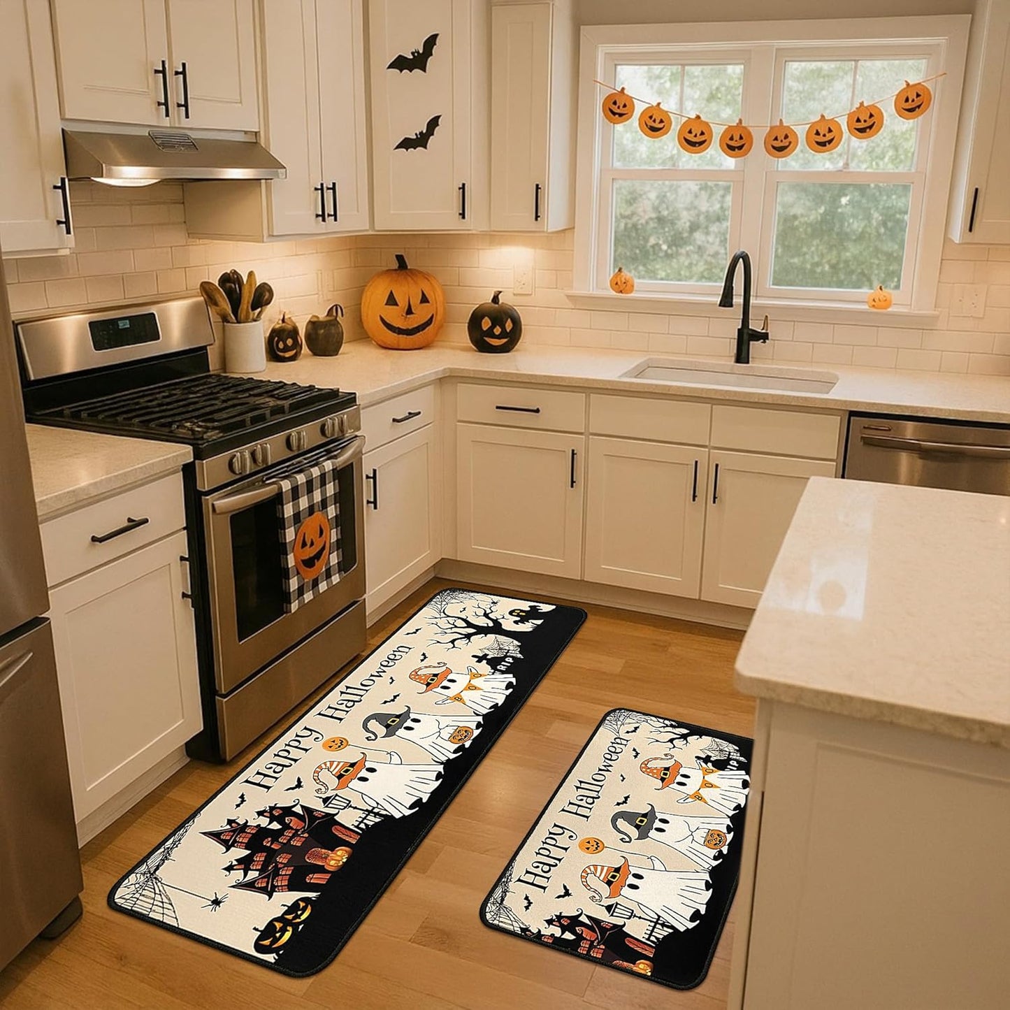 2 Piece Halloween Kitchen Decor Rugs Set,Cute Ghost Kitchen Rugs and Mats Non Skid Washable Absorbent Kitchen Accessories Decoration Floor Mats 17"x47"+17"x30"