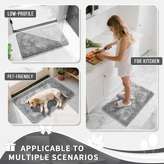 Yimobra Long Bathroom Rugs Runner 60x24 Inch, Extra Thick Soft Absorbent Chenille Bath Mat, Non Slip Machine Washable, Quick Dry Bath Rugs for Bathroom Floor, Tub and Shower, Light Grey